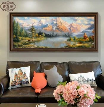 American Style Treasure Bowl Living Room Art Print, Premium Sofa Background Wall Hanging, Hand-Painted Landscape Oil Painting, Retro Mural