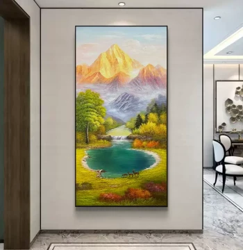 Hand-Painted Oil Landscape Painting with Golden Mountain Treasure Bowl, Entryway Decorative Art, Corridor and Aisle Vertical Light Luxury Mural