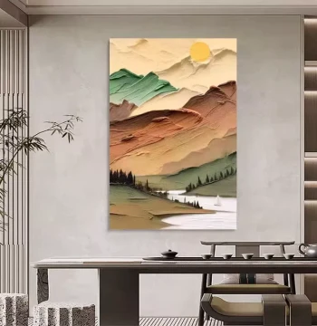 Cream Style Abstract Sunrise Living Room Art Print, Landscape Scenery Hand-Painted Oil Painting, Dafen Village Entryway Hanging Textured Art