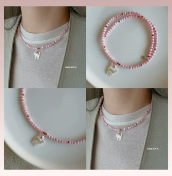 [Girl's Cat] Original Pink Cat's Eye Stone, Red Agate, and White Mother-of-Pearl Beaded Necklace – Sweet and Unique Design for Women