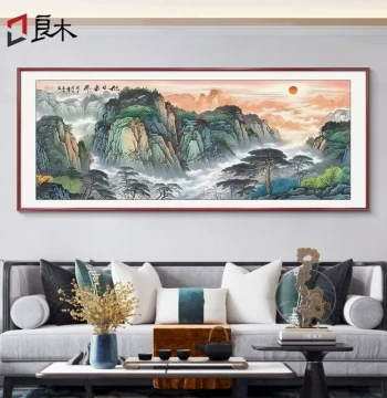 Sunrise Living Room Wall Art, East Wall Landscape Painting with Mountain Backdrop, New Chinese Style Office Sofa Background Decor