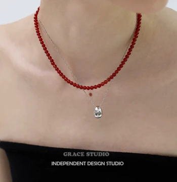G/S South of France Holiday: Vintage Red Agate Beaded Necklace, Premium New Chinese Style Layered Clavicle Chain for Women