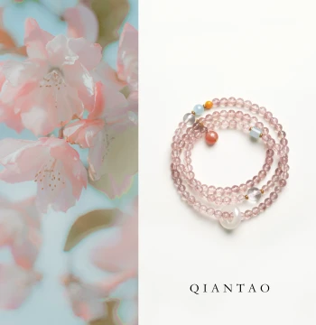 QIANTAO 'Cloud Weave' Original New Chinese Style Natural Strawberry Pink Crystal and Southern Red Necklace, National Style Bracelet for Women