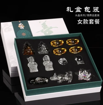 Crystal Burial Set: Ox, Horse, Attendants (Male/Female), Gold & Silver Mountains, Ingots, Lotus Flowers – Complete Funeral Ritual Decor