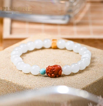 PLSTONE 7A+ Collector Grade Xinjiang Seed Jade White Hetian Jade and Southern Red Agate Pixiu Design Bracelet for Women
