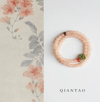 QIANTAO "Sweet Flower Cheese" Original Double-Loop Natural Pink Chalcedony and Southern Red Agate Bracelet, Hetian Jade Bracelet Gift