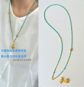 Turquoise Long Necklace for Women, Natural Southern Red Beaded Sweater Chain with Detachable Angel Baby Pendant, Versatile Chain