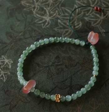 Daxian's Beads 'Xihua Leshi' Original Design Hetian Jade Bracelet with Southern Red Running Ring and Jasper Chain