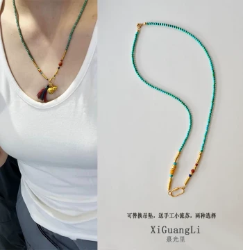 Long Turquoise Necklace with Amber and Southern Red Agate Beads, New Chinese Style Gourd Pendant Sweater Chain with Universal Clasp for Women