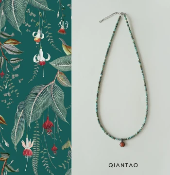 QIANTAO "Warm Emerald" Original Natural Turquoise Necklace with Slight Enhancement, 925 Silver Southern Red Agate Pendant, Clavicle Chain Gift
