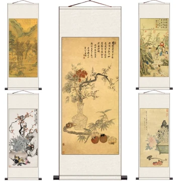 Sui Chao Tu Feng Shui Hanging Scroll - Flower and Bird Painting for Home Decor, Study, or Office - Antique Style Silk Scroll Art