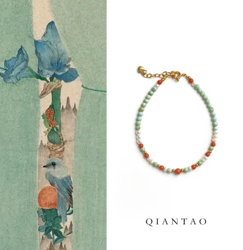 QIANTAO "Shan Qing Lan" Original Chinese Style Bracelet with Natural Raw Turquoise, Southern Red Agate, and Pearls - Ideal Gift