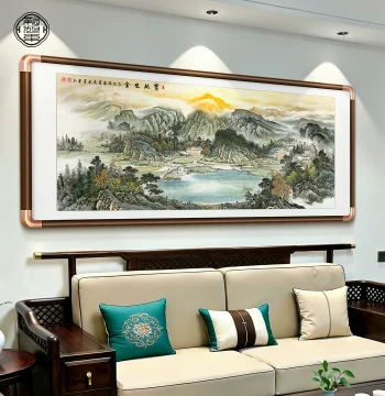 Treasure Bowl Landscape Painting for Living Room West Wall, Wealth-Attracting New Chinese Style Sofa Background Decor, Office Mural