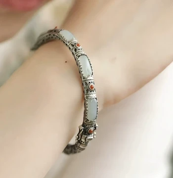 925 Silver New Chinese Style Hetian Jade and Southern Red Agate Open Cuff Bracelet for Women - Vintage Filigree Design