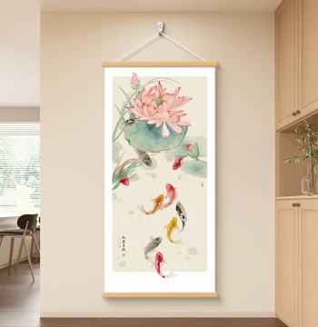 Wealth-Attracting Nine Fish and Lotus Decorative Painting, New Chinese Style Entryway Hallway Art, Peony Tea Room Study Office Wall Mural