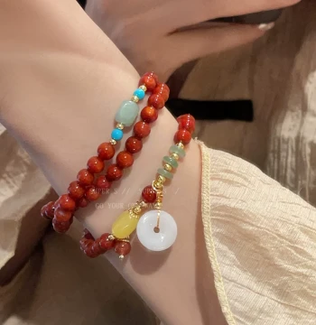 New Chinese Style Multi-Layer Peace Buckle Southern Red Agate Beaded Bracelet for Women - Ethnic Retro National Fashion Stackable Hand Jewelry