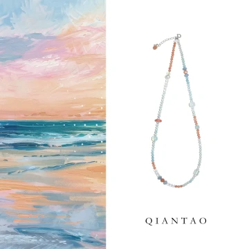 QIANTAO 'Mist and Clouds' Original Chinese-Style New Aquamarine Crystal and Icy Southern Red Agate Necklace, Gift for Women