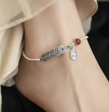 S925 Silver Southern Red Agate Retro Five Emperor Coins Anklet for Women - 2026 New Trendy Wealth-Attracting Blessing New Chinese Style Foot Chain