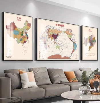 World & China Map Wall Art - Modern Living Room Sofa Backdrop, Office & Conference Room Triptych