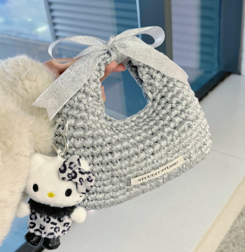 Stuuuly Handmade Silver Glitter Bow Handbag Crochet Knitting DIY Material Kit Gift
