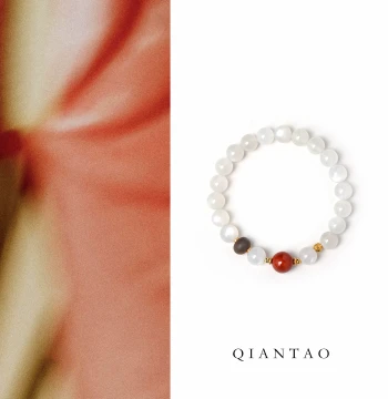 QIANTAO 'Ji Xue' Natural White Moonstone, Southern Red Agate & Agarwood Bracelet for Couples