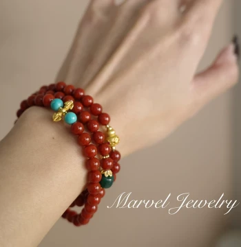 Natural South Red Agate Triple-Wrap Bracelet with Fortune Jade Luck Beads, Zodiac Year Necklace/Bracelet, New Year Gift for Women