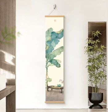 New Chinese Zen Style Scroll Hanging Art for Tea Room, Study, or Office, Banana Leaf and Lotus Long Decorative Painting, Screen Mural