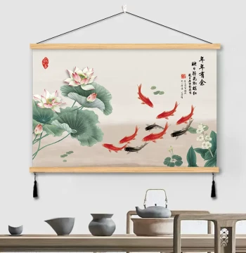 Nine Lucky Fish & Lotus Solid Wood Wall Art - New Chinese Style Feng Shui Decor for Dining Room, Living Room & Office