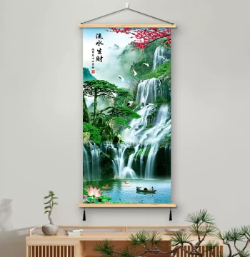 Landscape Scenery Hanging Art, Flowing Water Wealth Decorative Painting, Fabric Mural with Solid Wood Frame for Living Room Sofa or Office Background Wall