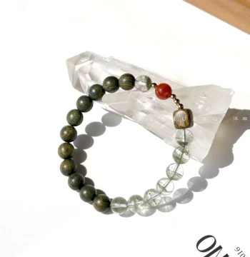 Green Phantom Bracelet - Green Sandalwood with Natural Southern Red Agate, Layered Crystal, Obsidian & Aquamarine for Women