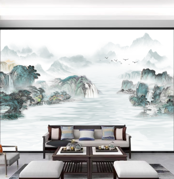 Self-Adhesive Wall Sticker, New Chinese Style Landscape Painting for Living Room and Office Background, Flowing Water Brings Wealth Scenery Art