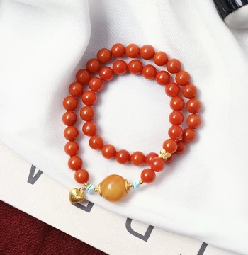 Natural South Red Agate Round Beads Paired with Amber Round Beads, Original Design Double-Wrap Bracelet for Women