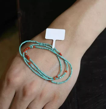 Natural Hubei High-Gloss Turquoise 3-Row Multi-Gem Bracelet: 2mm Ultra-Fine Beads with South Red Agate, New Chinese Style