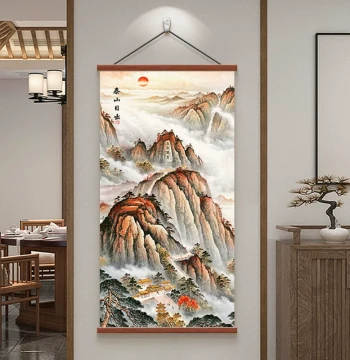 Mount Tai Sunrise Living Room Wall Art - Mountain Landscape without Water, Backing Mountain Decor for Entryway, Feng Shui Home Protection Painting for Study or Office