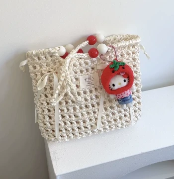 Stuuuly Handmade Hollow Beaded Bag, Soft Satin Gauze Large Capacity Shoulder Beach Crochet DIY Material Kit