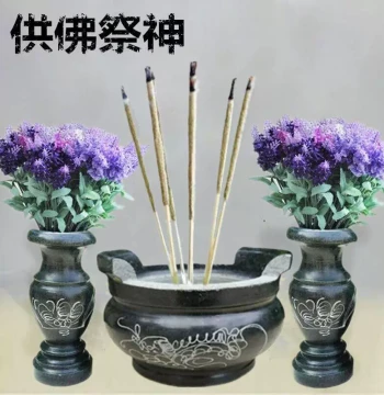 Bluestone Incense Burner and Vase, Stone Round and Rectangular Incense Holders for Worship and Buddha Offering Decor