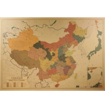Kraft Paper Retro China Travel Map Attractions Journey Footprint Check-In Marking Living Room Office Decorative Painting.