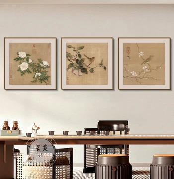 New Chinese Style Tea Room Wall Art - Zen Song Dynasty Aesthetic Bird-and-Flower Mural for Study or Office Decor
