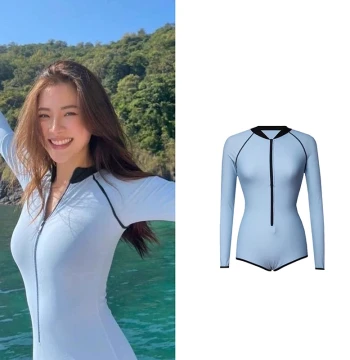 New Korean Style One-Piece Swimsuit Same as Xiao Shui, Retro Sun-Protection Quick-Dry Long-Sleeve Snorkeling Suit, Surfing Rash Guard for Hot Springs