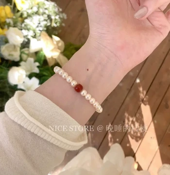 Late-Sleeping Platycodon 'Bamboo Beyond Red' New Chinese Style Southern Red Agate and Pearl Versatile Exquisite Bracelet, Retro Elegant Beaded Strand