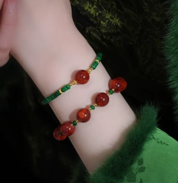 Guose Fanghua New Chinese Style Natural Southern Red Agate and Dry Green Jade Bracelet, Women's Red Luck-Bringing Bracelet for Zodiac Year