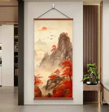 Hongyun Dangtou Landscape Painting, Traditional Chinese Entryway Decor, Grand Wall Art for Office or Study, Entrance Mural