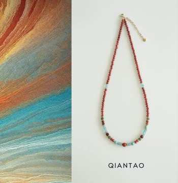 QIANTAO "Sui Tan" Original New Chinese Style Natural Crystal Hetian Jade Turquoise Southern Red Agate Necklace Artistic Women