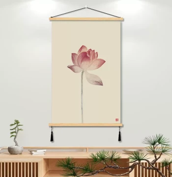 Chinese Style Lotus Tea Room Wall Art, Fabric Hanging Decor for Office or Study, Nail-Free Background Mural