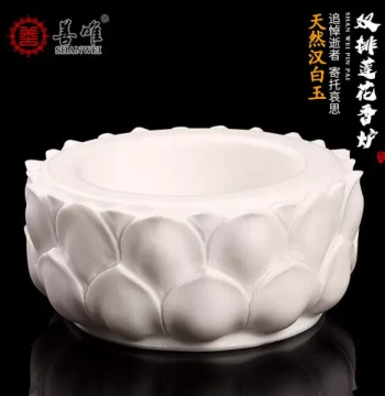 Shanwei Fangshan White Marble Double-Row Lotus Incense Burner - Round Stone Altar Piece for Cemetery, Memorial Halls, and Home Use