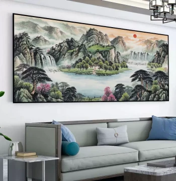 Rising Sun over Treasure Bowl Office Calligraphy, Chinese Landscape Painting for Living Room Sofa Background, Wallpaper Mural