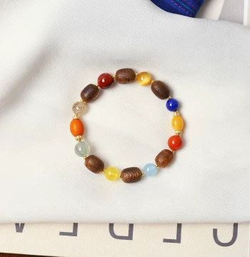 Natural Crystal, Amber, Southern Red Agate, and Lapis Lazuli Bracelet with Agarwood Barrel Beads: Original Design for Women