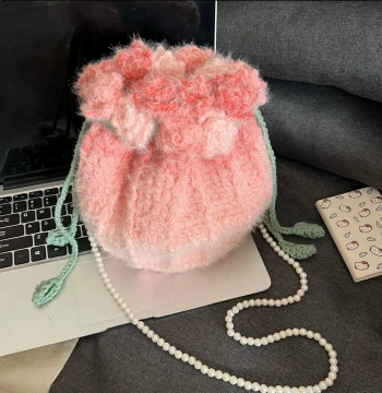 Gradient Rose Knitted Bag DIY Yarn Craft Kit, Bucket Drawstring Crossbody Bag Gift for Best Friends and Girlfriends