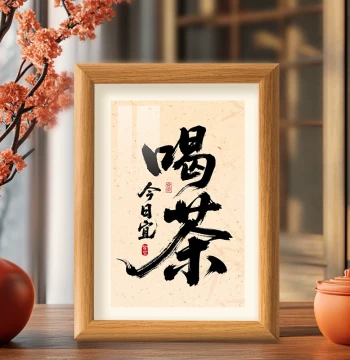 'Today is Perfect for Tea' Calligraphy Art, Desktop Ornament for Tea Rooms, Tea Houses, and Shops, Creative Calligraphy Display, Office Framed Tabletop Decor