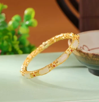 Enamel Tang Pattern Grass 925 Silver Bangle - New Chinese Style Openwork Inlaid with South Red Agate, Wu Shi Pai Retro Gold-Plated Bangle